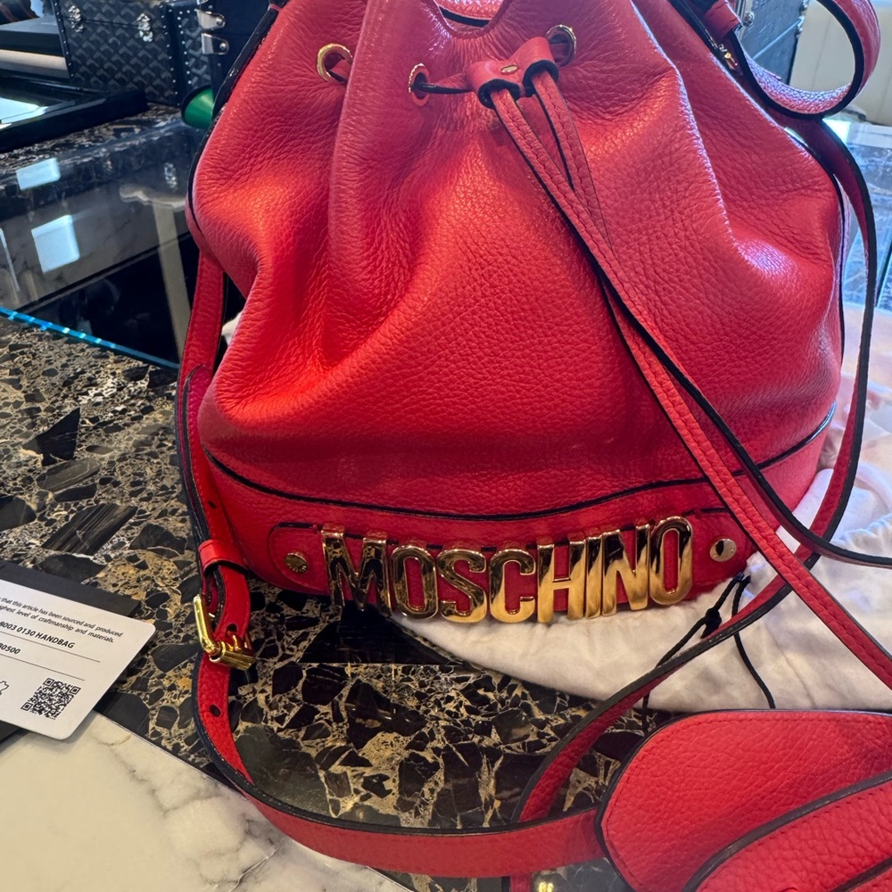 Moschino Bold Red Leather Drawstring Bag